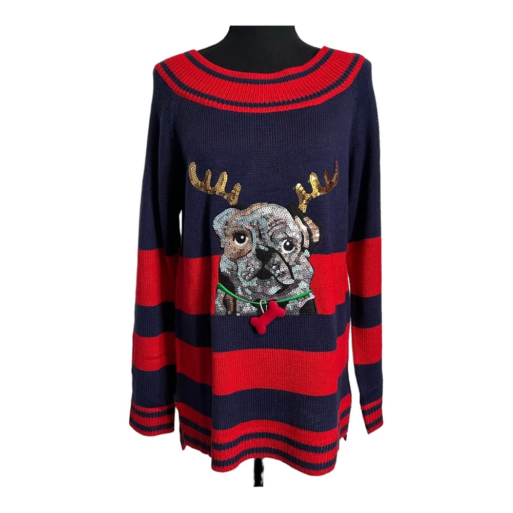 Holiday Time Sequin Bulldog Christmas Sweater - Size M, Blue/Red Multi